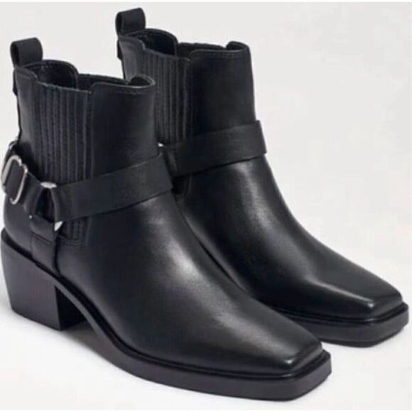 Sam Edelman Boots Size 6.5 Bellamie Black Leather Harness Pull-On Ankle Booties - Picture 1 of 13